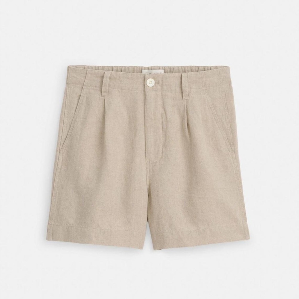 ALEX MILL Pleated Pull on Shorts in Flax Linen - Natural Khaki